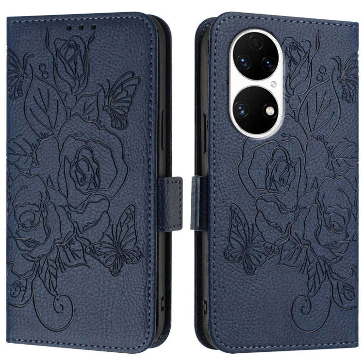For Huawei P50 Embossed Rose RFID Anti-theft Leather Phone Case(Dark Blue)