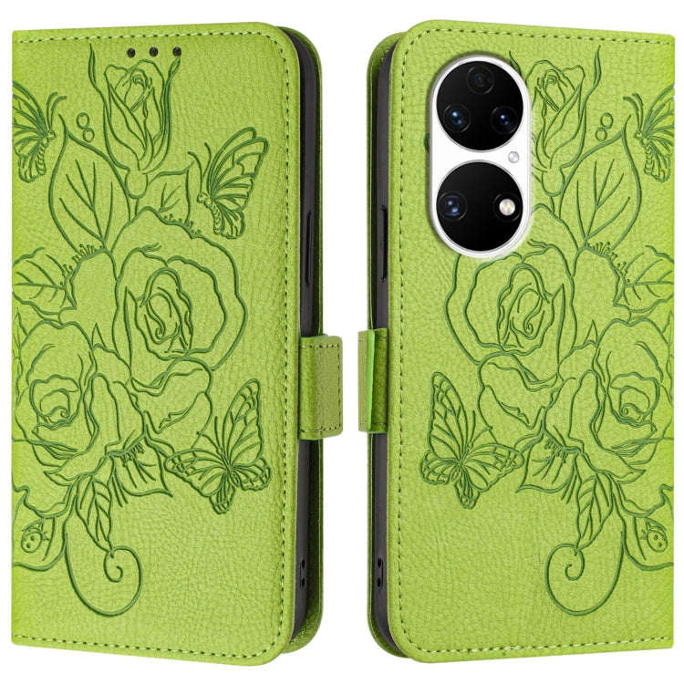 For Huawei P50 Pro Embossed Rose RFID Anti-theft Leather Phone Case(Green)