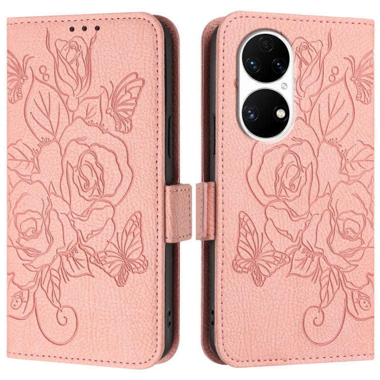 For Huawei P50 Pro Embossed Rose RFID Anti-theft Leather Phone Case(Pink)