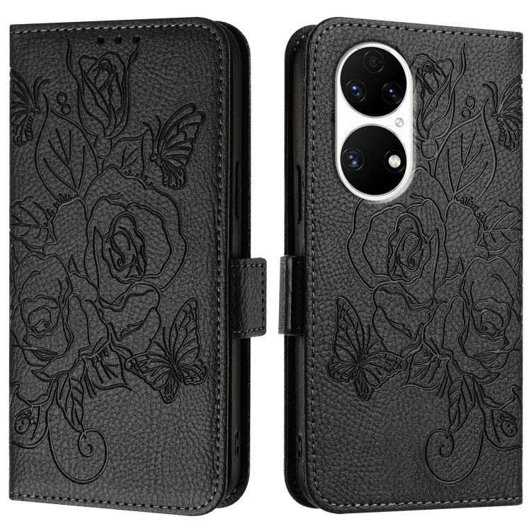 For Huawei P50 Pro Embossed Rose RFID Anti-theft Leather Phone Case(Black)