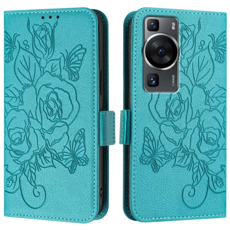 For Huawei P60 / P60 Pro Embossed Rose RFID Anti-theft Leather Phone Case(Light Blue)