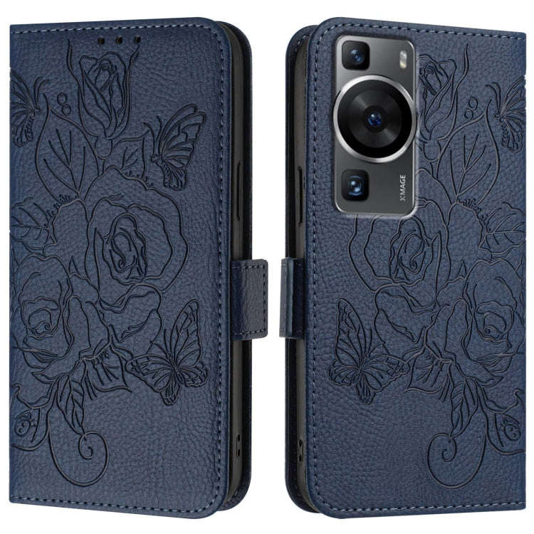 For Huawei P60 / P60 Pro Embossed Rose RFID Anti-theft Leather Phone Case(Dark Blue)