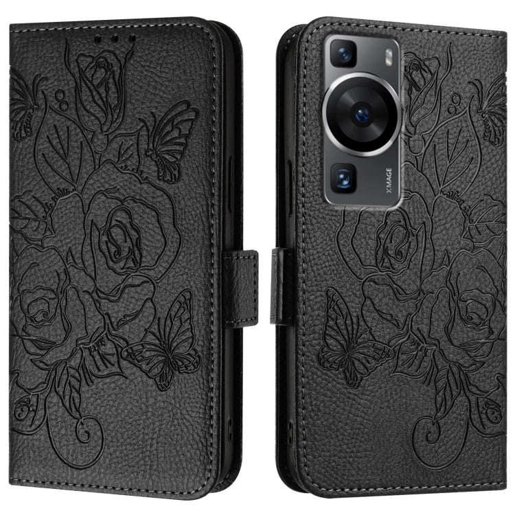 For Huawei P60 / P60 Pro Embossed Rose RFID Anti-theft Leather Phone Case(Black)