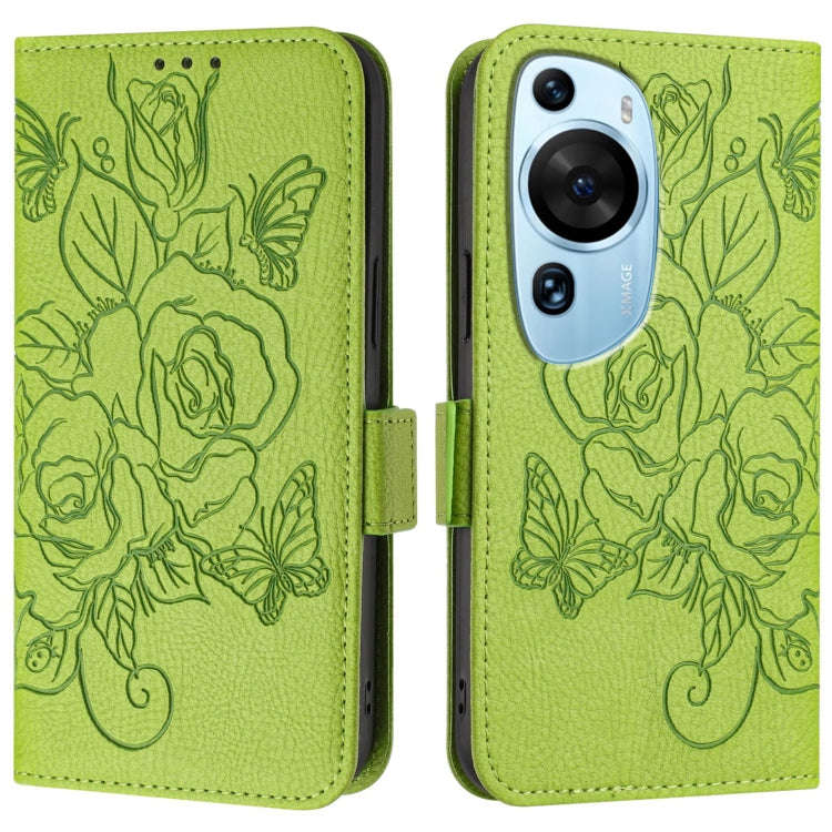 For Huawei P60 Art Embossed Rose RFID Anti-theft Leather Phone Case(Green)