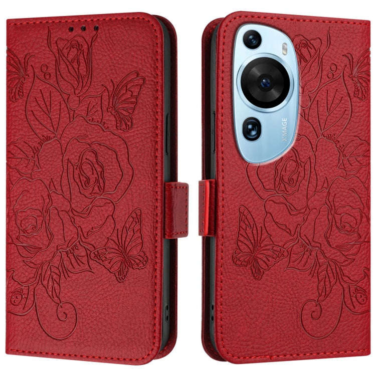 For Huawei P60 Art Embossed Rose RFID Anti-theft Leather Phone Case(Red)