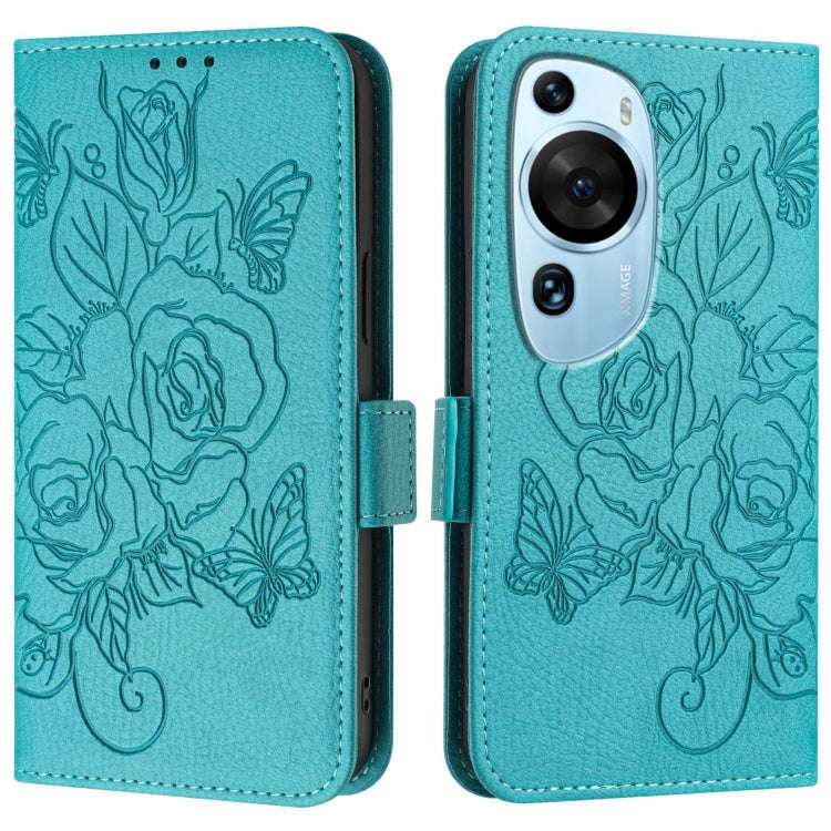 For Huawei P60 Art Embossed Rose RFID Anti-theft Leather Phone Case(Light Blue)