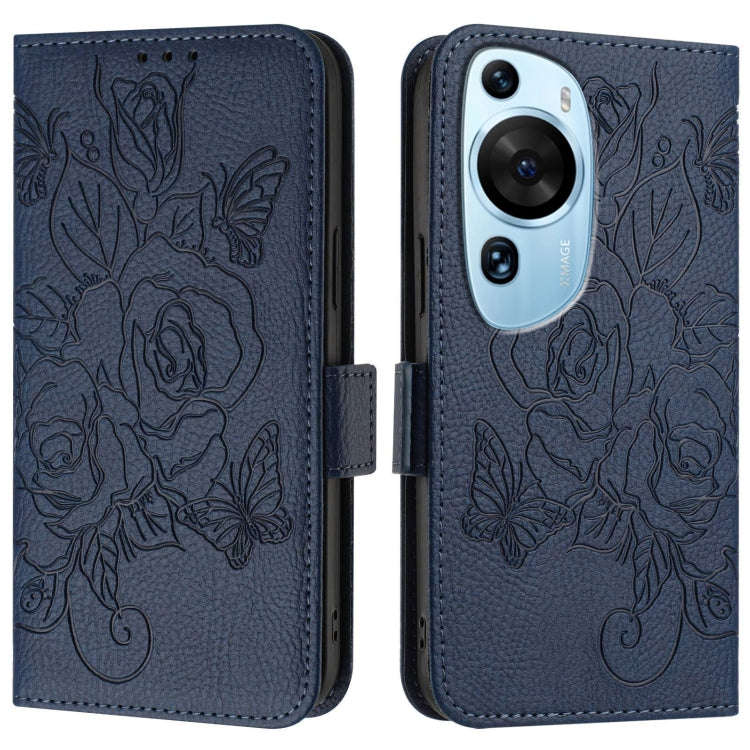 For Huawei P60 Art Embossed Rose RFID Anti-theft Leather Phone Case(Dark Blue)