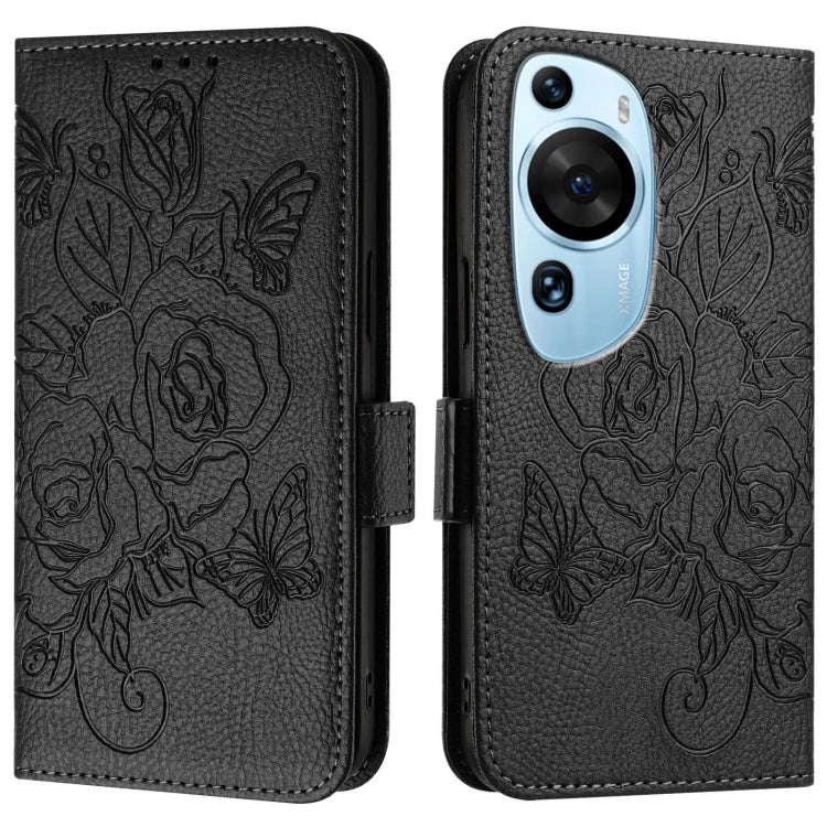 For Huawei P60 Art Embossed Rose RFID Anti-theft Leather Phone Case(Black)