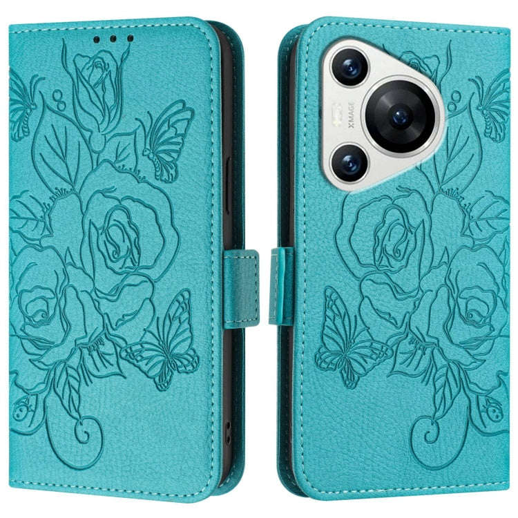 For Huawei Pura 70 Embossed Rose RFID Anti-theft Leather Phone Case(Light Blue)