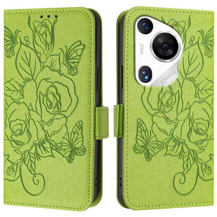 For Huawei Pura 70 Pro Embossed Rose RFID Anti-theft Leather Phone Case(Green)