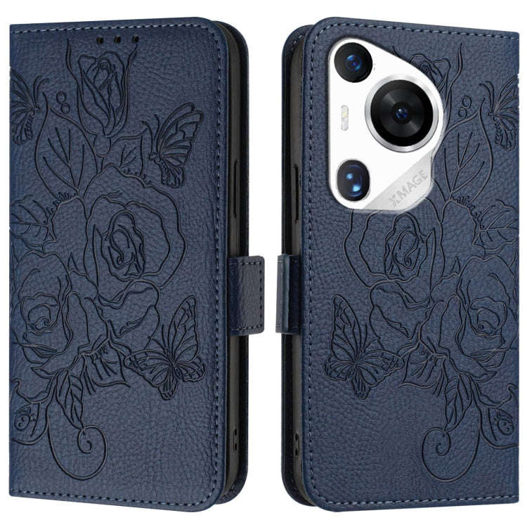 For Huawei Pura 70 Pro Embossed Rose RFID Anti-theft Leather Phone Case(Dark Blue)