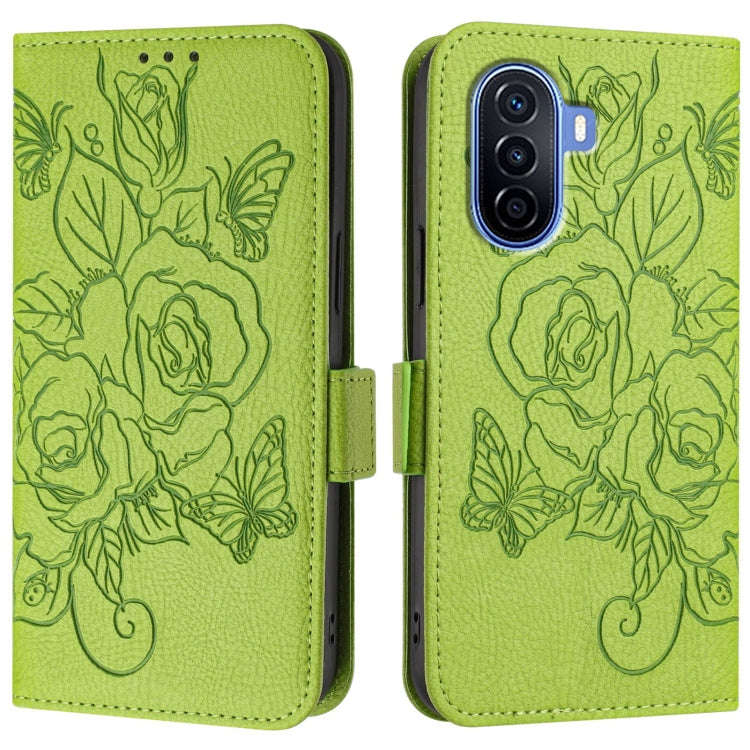 For Huawei Enjoy 50 4G / nova Y70 Plus Embossed Rose RFID Anti-theft Leather Phone Case(Green)