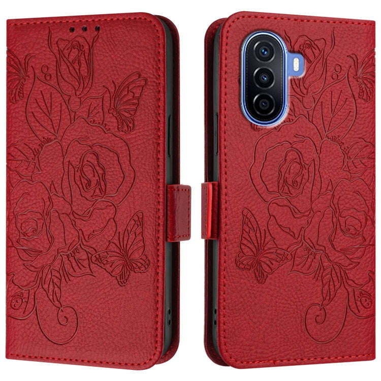 For Huawei Enjoy 50 4G / nova Y70 Plus Embossed Rose RFID Anti-theft Leather Phone Case(Red)