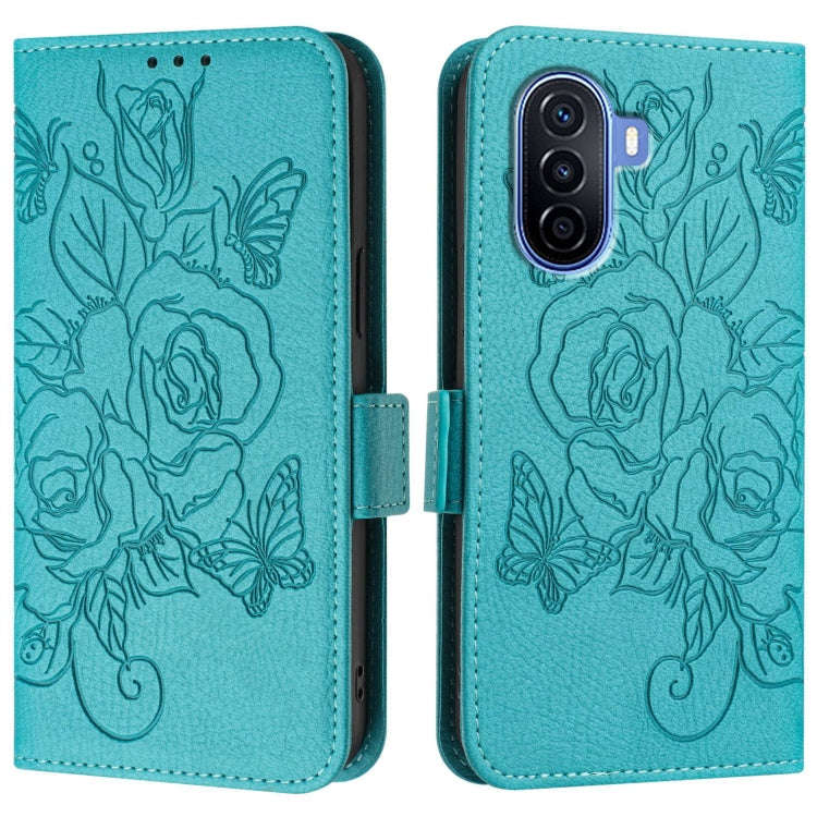 For Huawei Enjoy 50 4G / nova Y70 Plus Embossed Rose RFID Anti-theft Leather Phone Case(Light Blue)