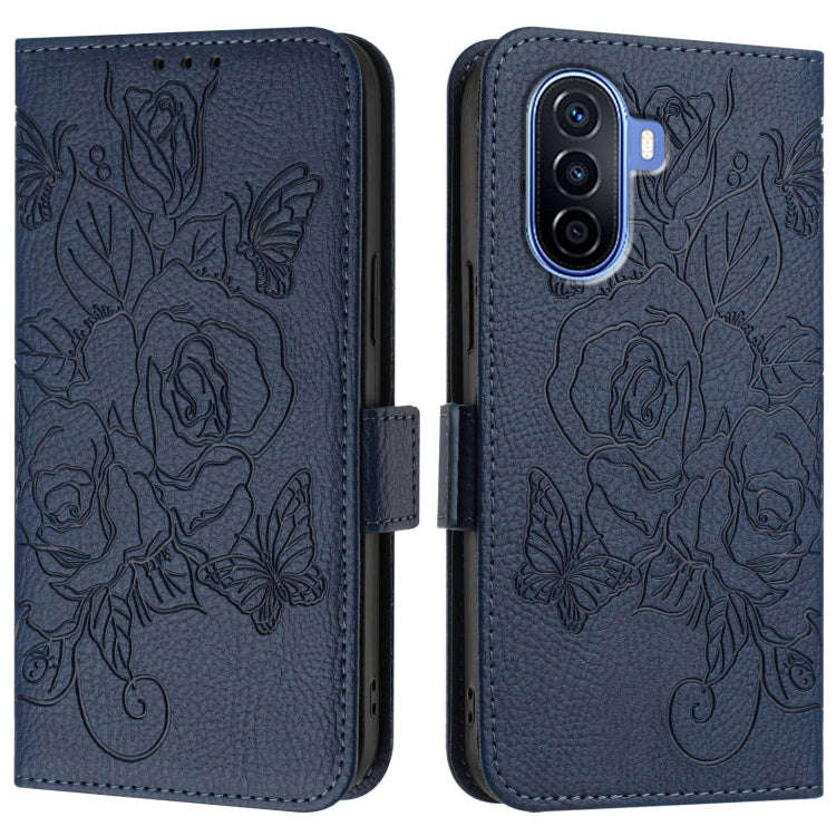 For Huawei Enjoy 50 4G / nova Y70 Plus Embossed Rose RFID Anti-theft Leather Phone Case(Dark Blue)