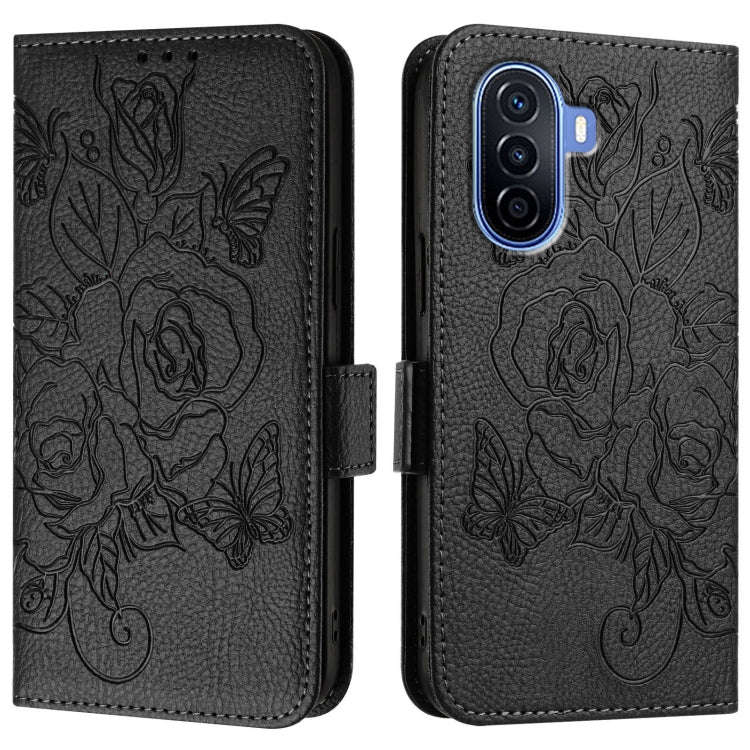 For Huawei Enjoy 50 4G / nova Y70 Plus Embossed Rose RFID Anti-theft Leather Phone Case(Black)