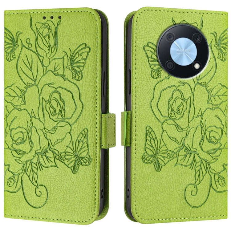 For Huawei Enjoy 50 Pro 4G / nova Y90 Embossed Rose RFID Anti-theft Leather Phone Case(Green)