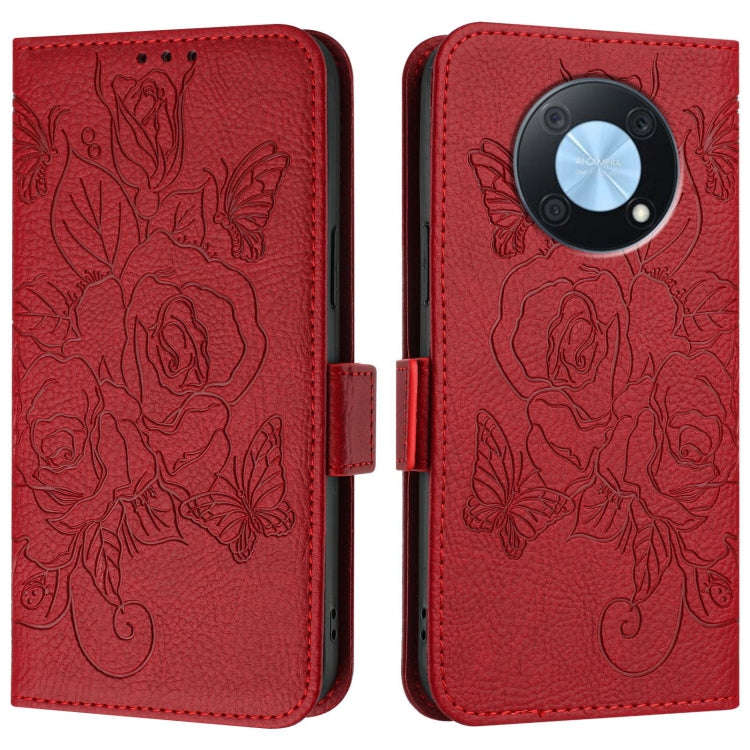 For Huawei Enjoy 50 Pro 4G / nova Y90 Embossed Rose RFID Anti-theft Leather Phone Case(Red)