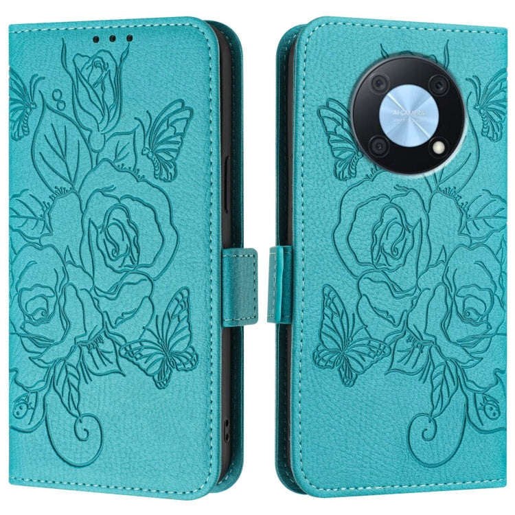 For Huawei Enjoy 50 Pro 4G / nova Y90 Embossed Rose RFID Anti-theft Leather Phone Case(Light Blue)