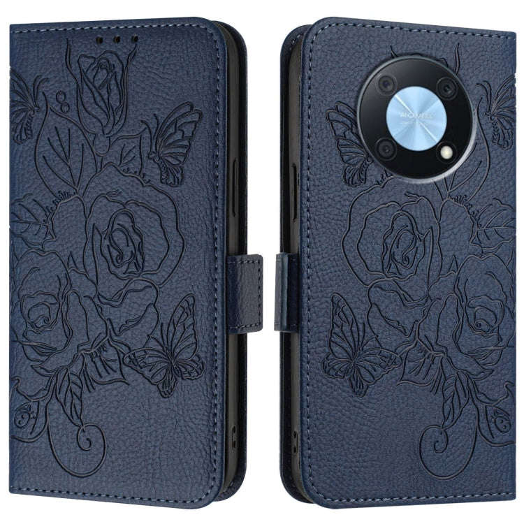 For Huawei Enjoy 50 Pro 4G / nova Y90 Embossed Rose RFID Anti-theft Leather Phone Case(Dark Blue)