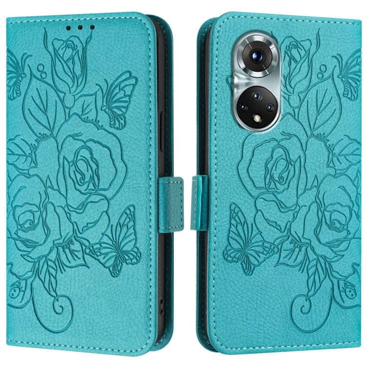 For Huawei nova 9 Embossed Rose RFID Anti-theft Leather Phone Case(Light Blue)