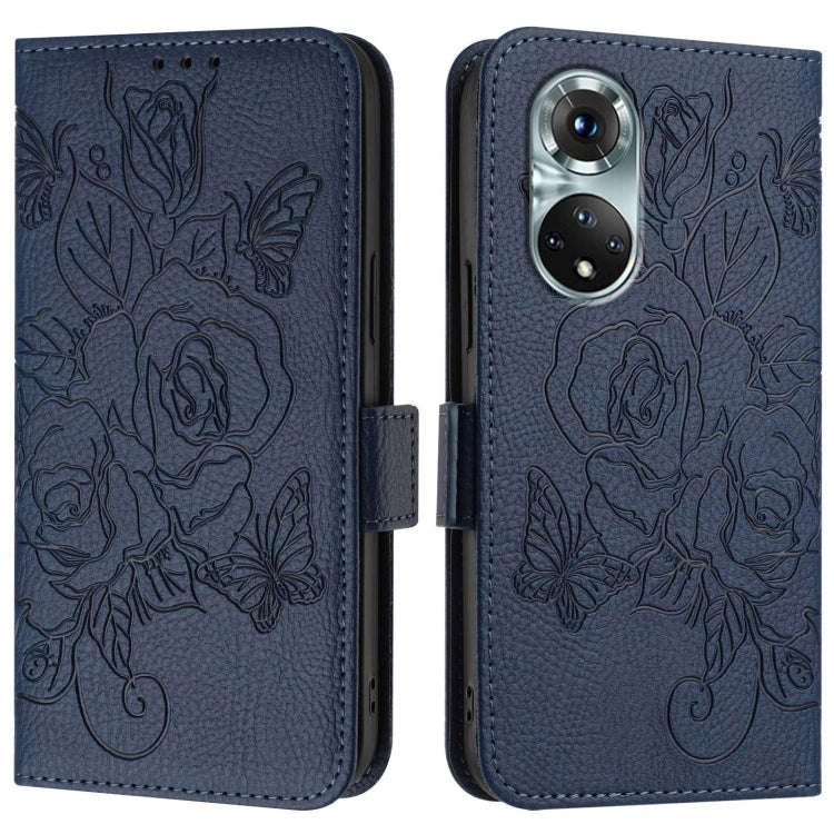 For Huawei nova 9 Embossed Rose RFID Anti-theft Leather Phone Case(Dark Blue)