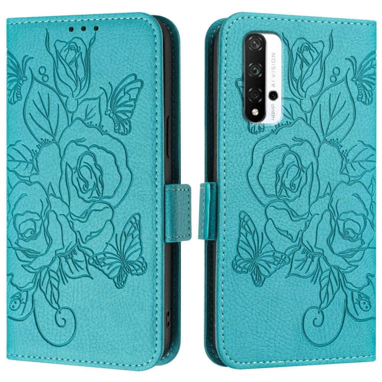 For Honor 20 4G / 20 Pro 4G / 20S 4G Embossed Rose RFID Anti-theft Leather Phone Case(Light Blue)