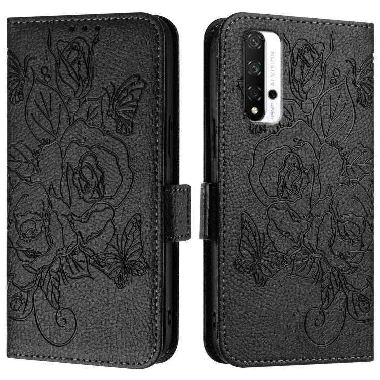 For Honor 20 4G / 20 Pro 4G / 20S 4G Embossed Rose RFID Anti-theft Leather Phone Case(Black)