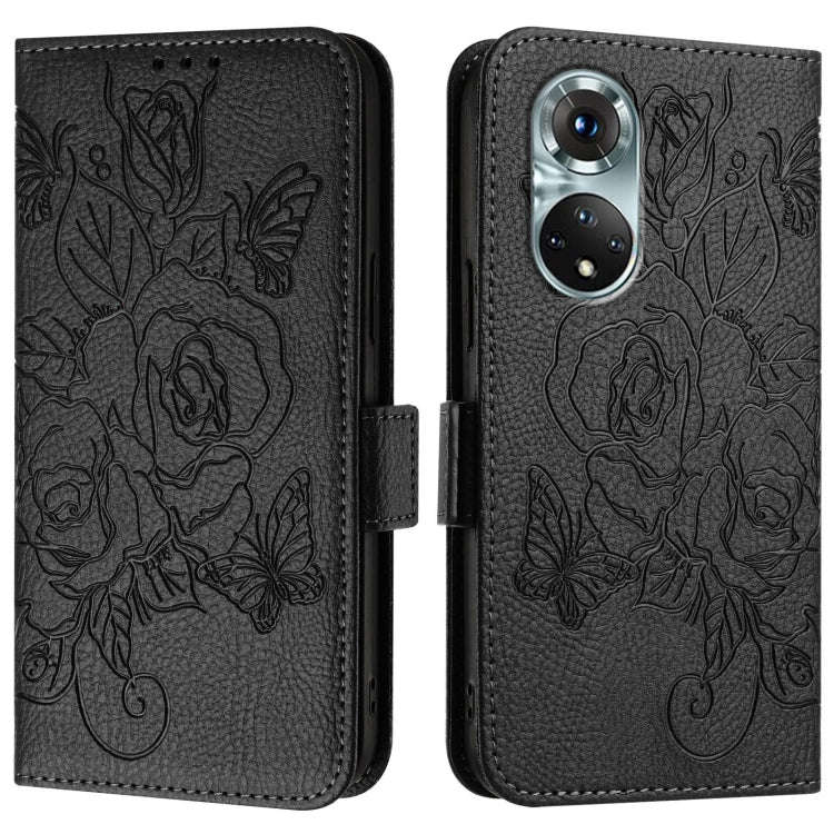 For Honor 50 Pro / Huawei nova 9 Pro Embossed Rose RFID Anti-theft Leather Phone Case(Black)