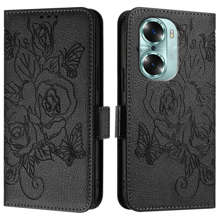 For Honor 60 5G Embossed Rose RFID Anti-theft Leather Phone Case(Black)