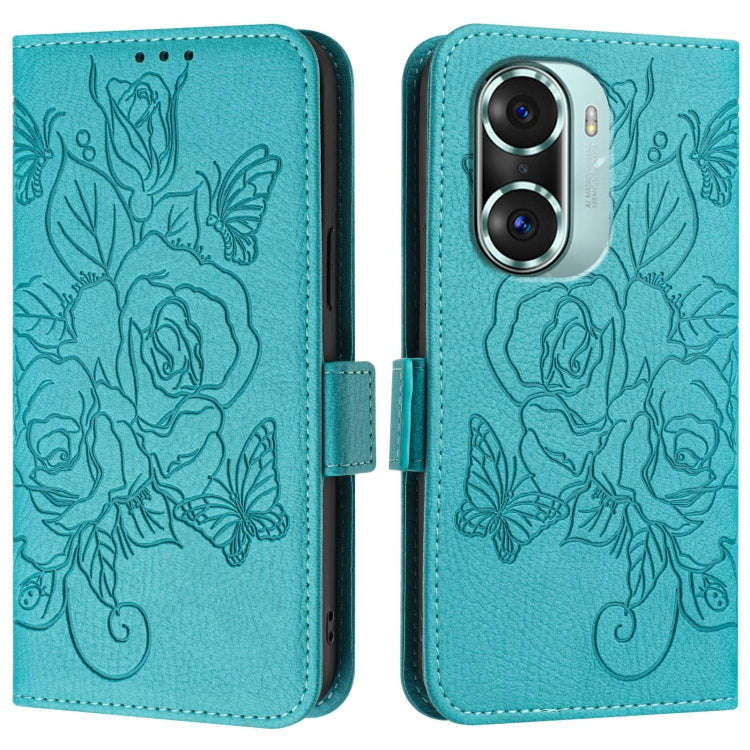 For Honor 60 Pro 5G Embossed Rose RFID Anti-theft Leather Phone Case(Light Blue)