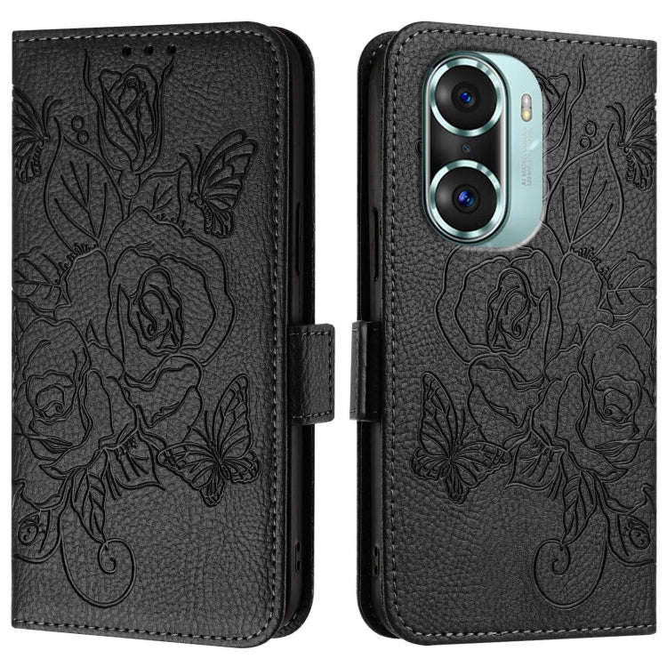 For Honor 60 Pro 5G Embossed Rose RFID Anti-theft Leather Phone Case(Black)