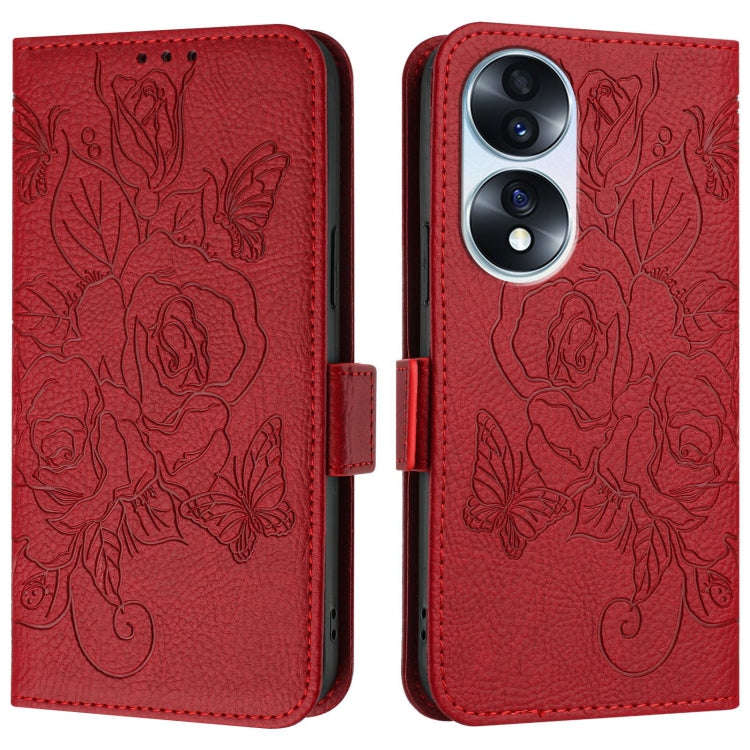 For Honor 70 5G Embossed Rose RFID Anti-theft Leather Phone Case(Red)