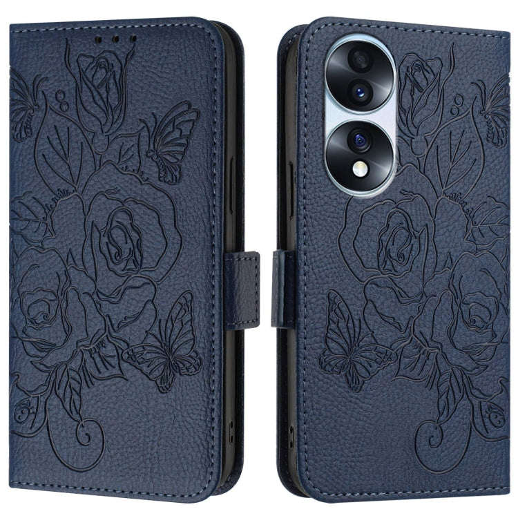 For Honor 70 Pro 5G Embossed Rose RFID Anti-theft Leather Phone Case(Dark Blue)