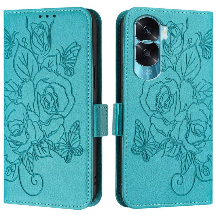 For Honor 90 Lite 5G / X50i 5G Embossed Rose RFID Anti-theft Leather Phone Case(Light Blue)