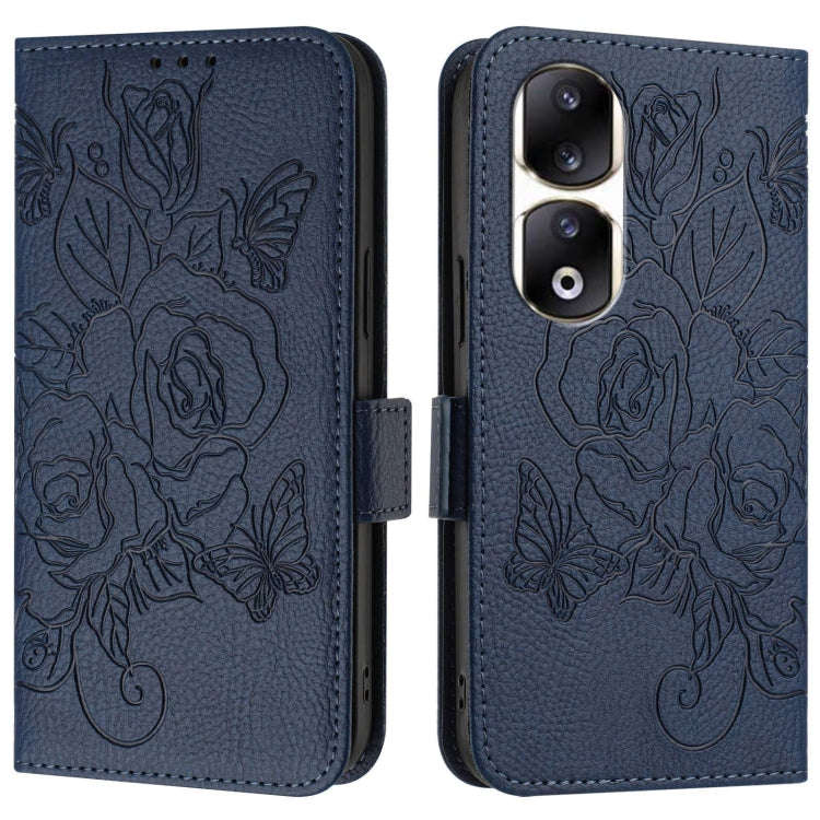 For Honor 90 Pro 5G Embossed Rose RFID Anti-theft Leather Phone Case(Dark Blue)