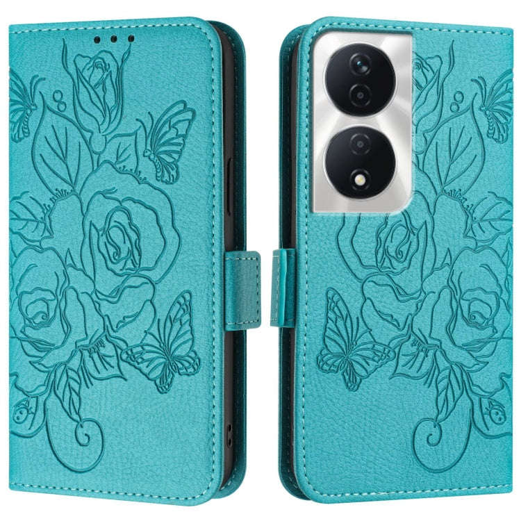For Honor 90 Smart 5G / X7b 5G / 4G Embossed Rose RFID Anti-theft Leather Phone Case(Light Blue)
