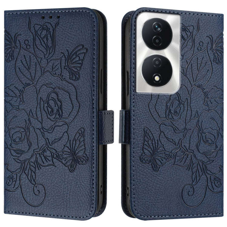For Honor Play 50 Plus 5G Embossed Rose RFID Anti-theft Leather Phone Case(Dark Blue)