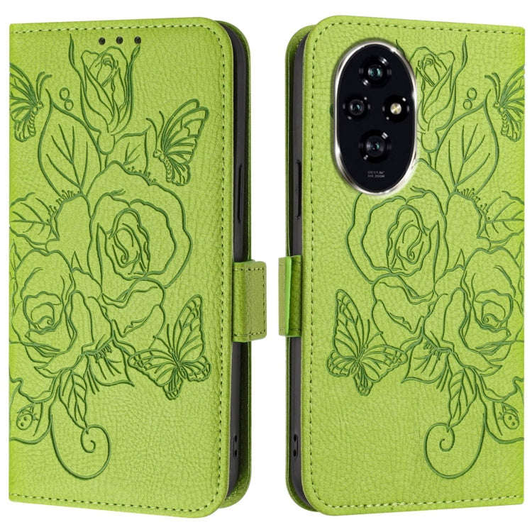 For Honor 200 Pro Embossed Rose RFID Anti-theft Leather Phone Case(Green)