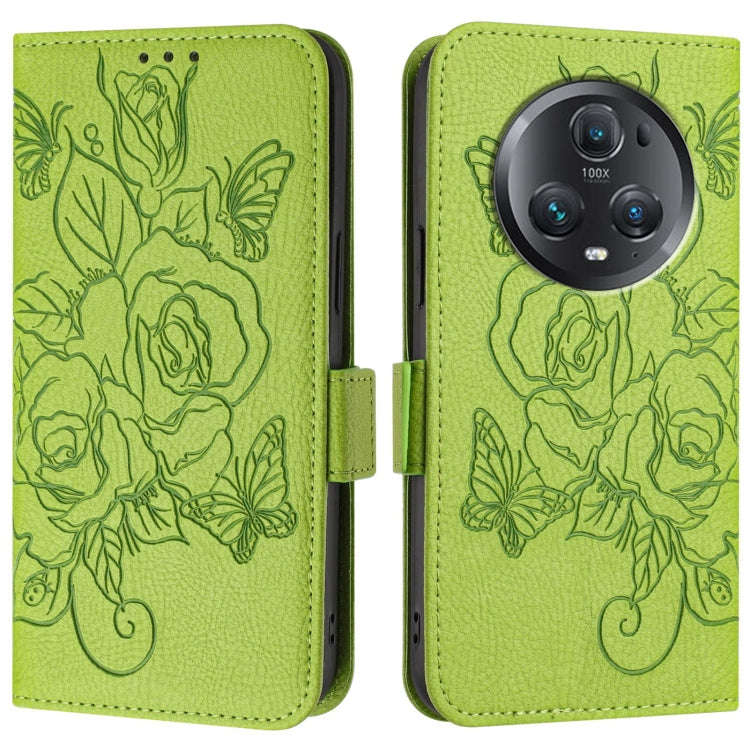 For Honor Magic5 Pro Embossed Rose RFID Anti-theft Leather Phone Case(Green)