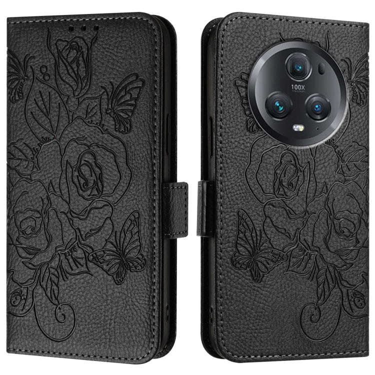 For Honor Magic5 Pro Embossed Rose RFID Anti-theft Leather Phone Case(Black)