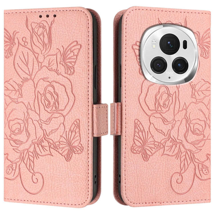For Honor Magic6 Pro 5G Embossed Rose RFID Anti-theft Leather Phone Case(Pink)