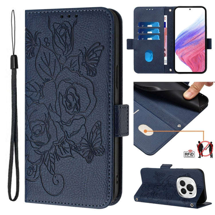 For Honor Magic6 Pro 5G Embossed Rose RFID Anti-theft Leather Phone Case(Dark Blue)
