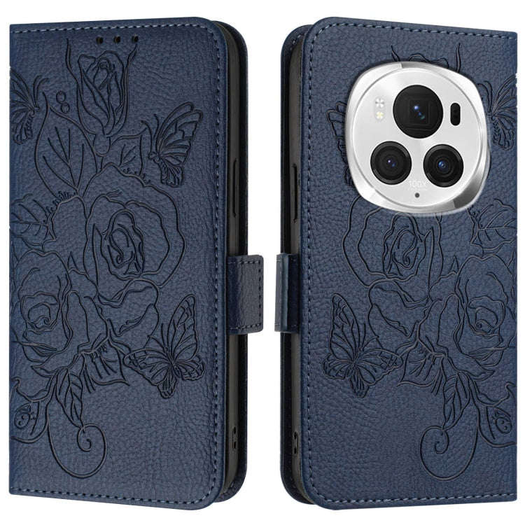 For Honor Magic6 Pro 5G Embossed Rose RFID Anti-theft Leather Phone Case(Dark Blue)