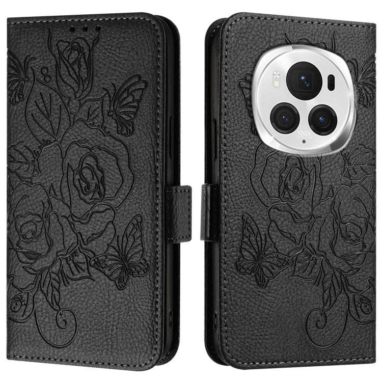 For Honor Magic6 Pro 5G Embossed Rose RFID Anti-theft Leather Phone Case(Black)