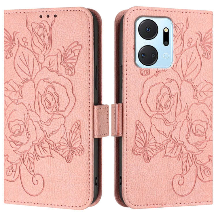 For Honor X7a 4G / Play 7T 5G Embossed Rose RFID Anti-theft Leather Phone Case(Pink)