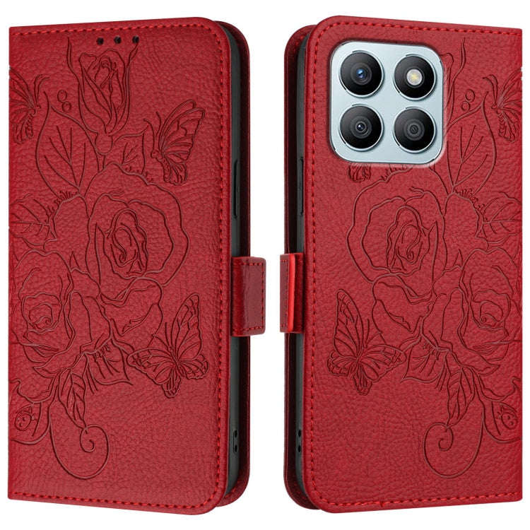 For Honor X8b 4G Embossed Rose RFID Anti-theft Leather Phone Case(Red)