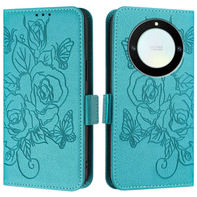 For Honor X40 5G / X9a 5G / Magic5 Lite Embossed Rose RFID Anti-theft Leather Phone Case(Light Blue)