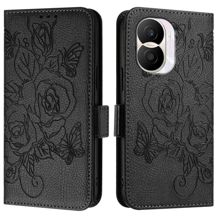 For Honor X40i 5G Embossed Rose RFID Anti-theft Leather Phone Case(Black)