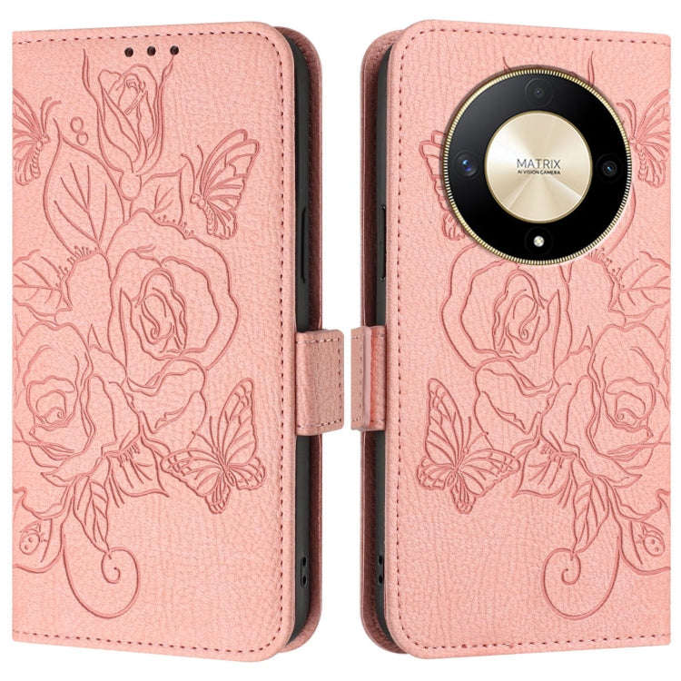 For Honor X9b 5G / Magic6 Lite 5G Embossed Rose RFID Anti-theft Leather Phone Case(Pink)